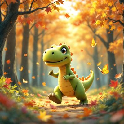 Primary subject: A cartoon dinosaur, specifically a green and yellow T-Rex, walking through a forest with autumn leaves.

Setting/background: The forest is filled with autumn leaves, creating a vibrant and colorful atmosphere.

Visual style: The image is a digital art illustration, featuring a cartoon dinosaur walking through the forest.

Colors and mood: The dominant colors are green, yellow, and orange, creating a warm and inviting mood.
